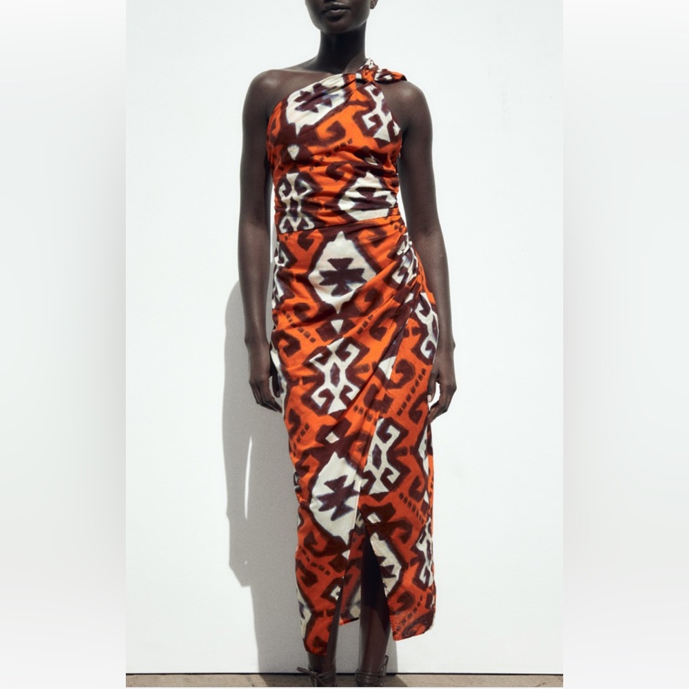 Zara 100% Cotton Asymmetric Dress tribal print size L